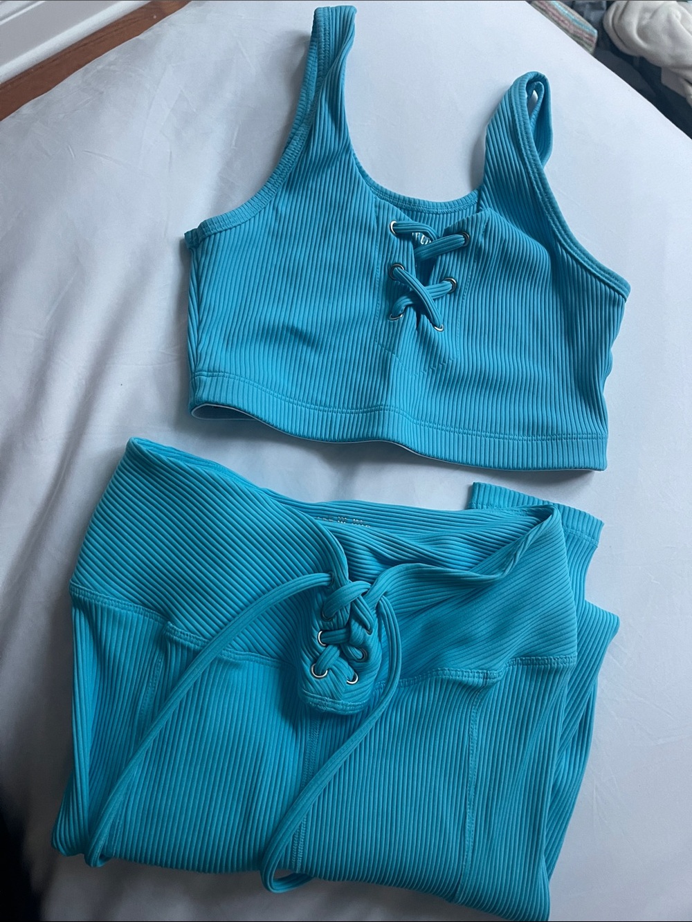 Year of Ours Blue Ribbed Tie Workout Leggings + Sports Bra Set
